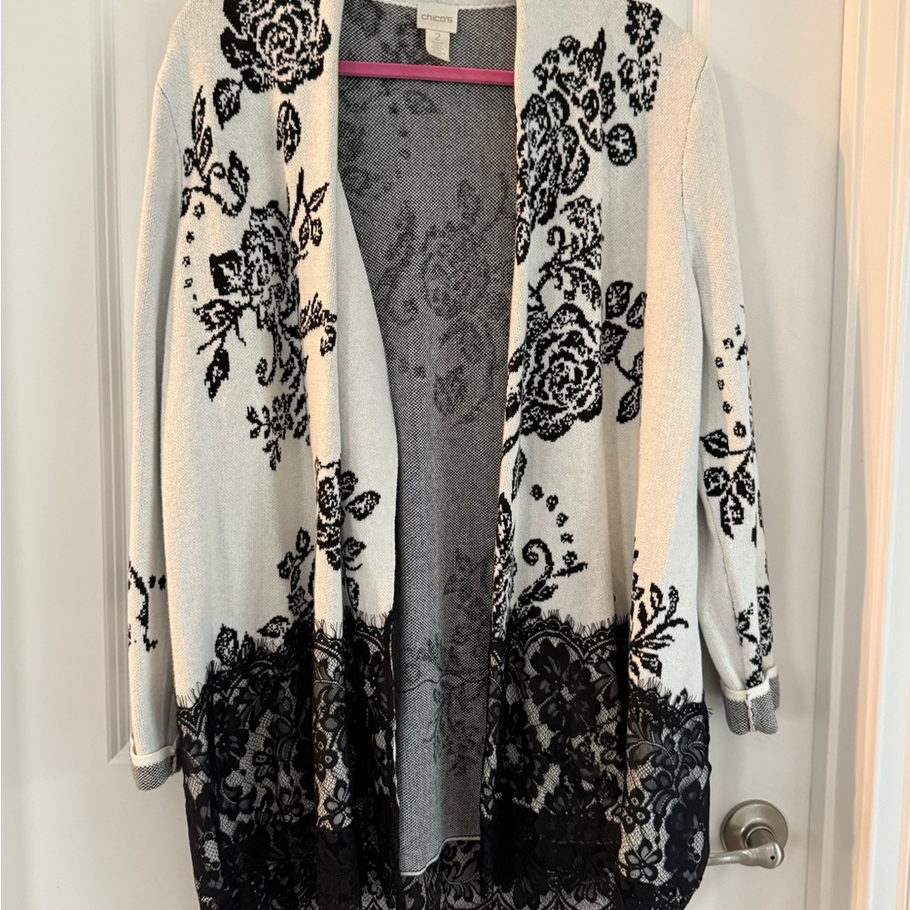 Chico's Elegant Black and Cream Floral Cardigan